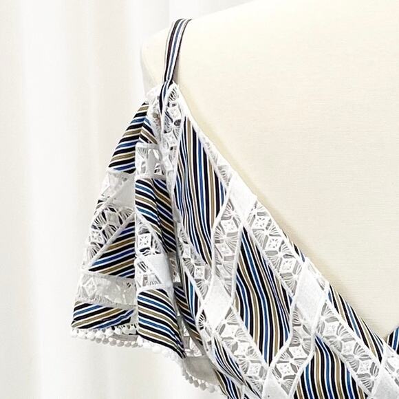 Sandro Womens US 4 Illa Midi Dress Striped Lace Cold Ruffle Shoulder Blue White - Picture 8 of 14